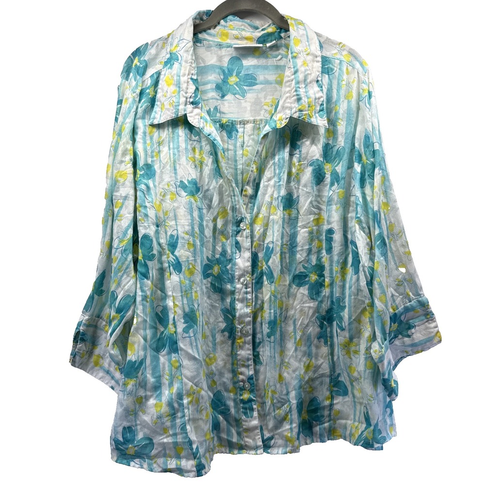 Denim & Co Women's Top Size 3X Green Yellow White Gauzy 3/4 Sleeve Button Up